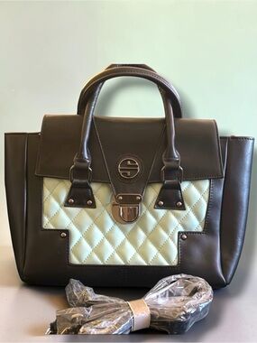 Segolene Paris NWT Aqua & Black Quilted Shoulder Bag Satchel Medium $119 MSRP